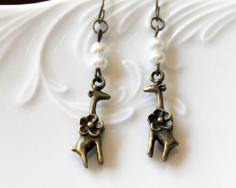 Sweet Giraffe with Pearl Earrings Animal Lover Gift Birthday Gift Ladies Girls Jewelry