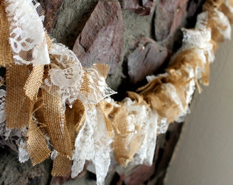 Burlap and Lace Garland Hand Tied Garland Photo Prop Home Decor Ivory Lace Tan Burlap Scrappy Garland