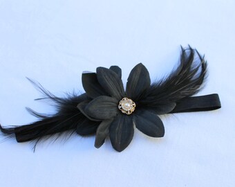 Black and Gold 1920s Style Headband Flapper Style Headband Flower and Feather Ladies Hair Accessories Hair Accessories 1920s Style Headband