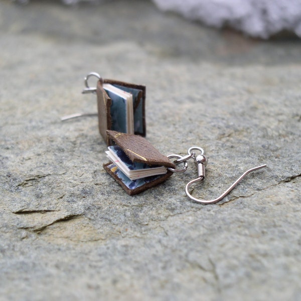 Distressed Brown Leather Book Earrings, surgical steel, old paper and marbled endpapers