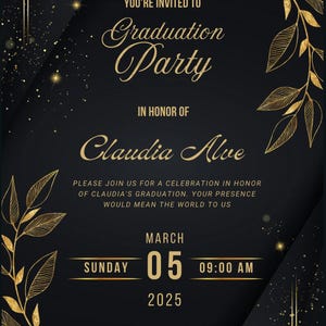 Elegante invito per la festa di laurea in nero e oro - Modello Canva modificabile