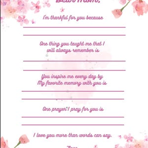 Carta de agradecimiento imprimible para el Día de la Madre: recuerdo para rellenar con el espacio en blanco "Querida Mamá" o regalo de descarga instantánea.