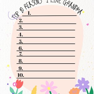10 razones principales por las que amo a mi abuela – Regalo imprimible para el Día de la Madre / Descarga instantánea / Carta para la abuela