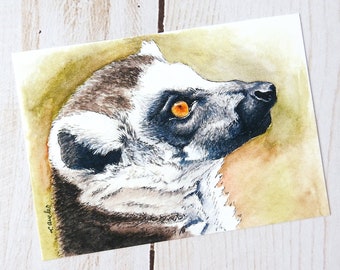 Ring Tailed Lemur Drawing, ACEO Print, Lemur Gifts, Wildlife Sketch, Watercolor Sketch, 2.5x3.5 Inch Tiny Painting