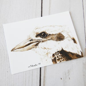 May include: A brown ink drawing of a kookaburra bird's head and neck on white paper. The bird's eye is black and the beak is long and pointed. The artist's signature, "L. Mueller '15", is in the bottom right corner.
