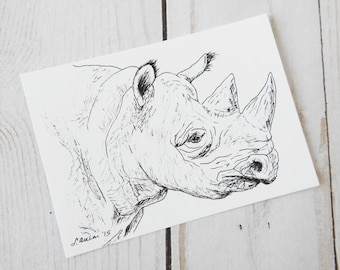 Rhino Art by Lonetta Avelar, ACEO Print, Rhino Gifts, African Wildlife, Pen and Ink Sketch, White Elephant Gifts, ATC Size, Tiny Artwork