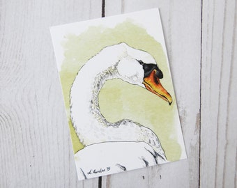 Bird Drawing of Swan, ACEO Print, Bird Lover Gift, Woodland Zen, Watercolor Sketch, 2.5x3.5 Inch Tiny Painting