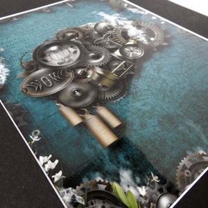 May include: A steampunk-inspired art print featuring a clockwork design with gears, cogs, and a compass. The background is a blue and green map with white text. The print has a vintage aesthetic.