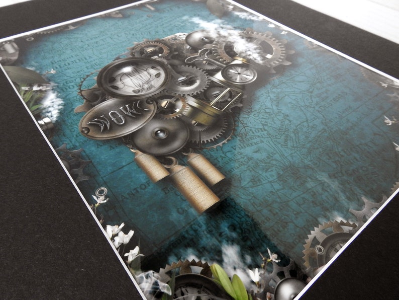 May include: A steampunk-inspired art print featuring a clockwork design with gears, cogs, and a compass. The background is a blue and green map with white text. The print has a vintage aesthetic.