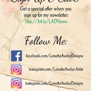 May include: A graphic with the text "Sign Up & Save!" and a link to subscribe to a newsletter. It also includes social media icons and links to follow the artist on Facebook, Instagram, and Pinterest.