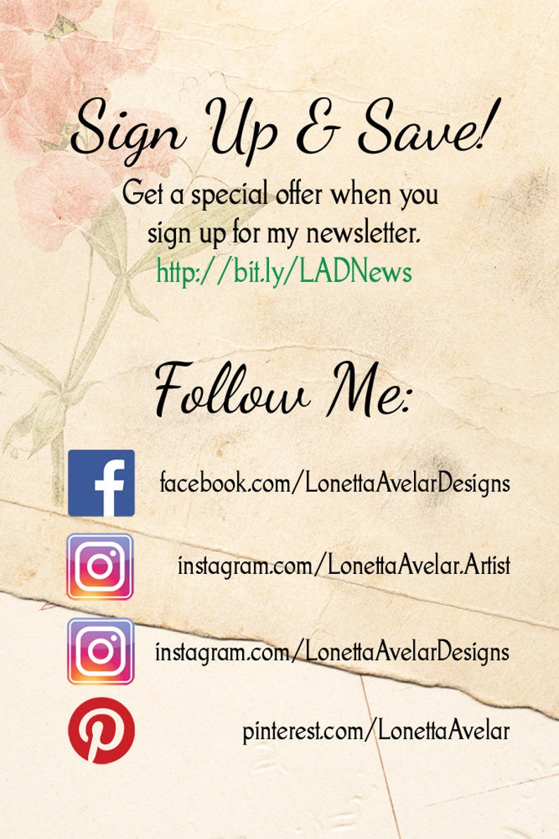 May include: A graphic with the text "Sign Up & Save!" and a link to subscribe to a newsletter. It also includes social media icons and links to follow the artist on Facebook, Instagram, and Pinterest.
