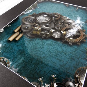 May include: A steampunk-inspired clockwork design with gears, cogs, and a compass, set against a blue and white map background with text in Portuguese.