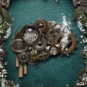 May include: A vintage map of South America with a steampunk-style clockwork mechanism on top. The clockwork is made of brass and steel gears, with a small clock face and a plume of smoke coming from the top. The map is a faded blue color with brown lines and text.