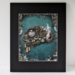 May include: A teal blue background with a steampunk-style design featuring gears, cogs, and a clock face. The design is reminiscent of a brain.