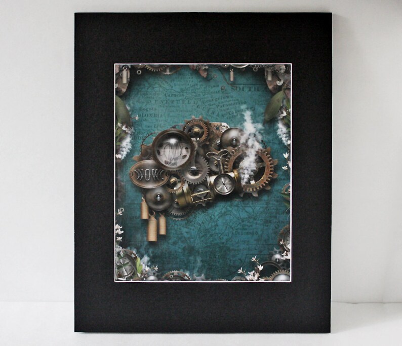 May include: A teal blue background with a steampunk-style design featuring gears, cogs, and a clock face. The design is reminiscent of a brain.