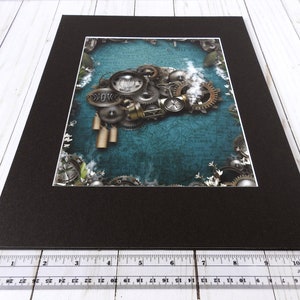 May include: A framed print of a steampunk-style illustration featuring a brain made of gears and cogs on a blue background with white flowers.