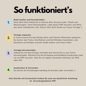 May include: A beige graphic with black text in German, titled "So funktioniert's." Instructions are numbered and include steps for downloading, customizing, and printing a design. The text is in a sans-serif font.