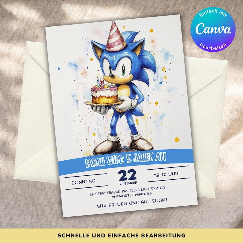 May include: A birthday invitation featuring a watercolor illustration of Sonic the Hedgehog holding a birthday cake with candles. The invitation is blue and white with the text "Noah wird 5 Jahre alt" and details for the party.
