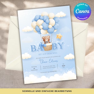 Baby Shower Einladung Jungen, Baby Party Einladungskarte, bearbeitbar in Canva, Einladungskarten zum Ausdrucken, digitale Einladung