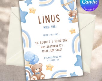 Bear birthday invitation, children's birthday invitation editable in Canva, invitation cards to print, digital invitation