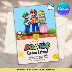Super Mario Geburtstagseinladung, Peach Luigi, Kindergeburtstag bearbeitbar in Canva, Einladungskarten zum Ausdrucken, digitale Einladung