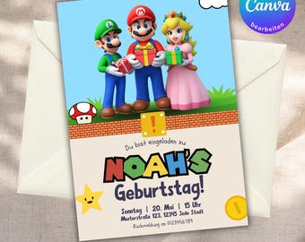 Super Mario birthday invitation, Peach Luigi, children's birthday party editable in Canva, invitation cards to print, digital invitation