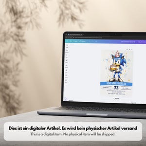May include: A digital printable birthday invitation featuring a cartoon illustration of Sonic the Hedgehog holding a birthday cake. The invitation includes the text "Sonic wird 5 Jahre alt" and the date "Sonntag, 22. Mai" in German.