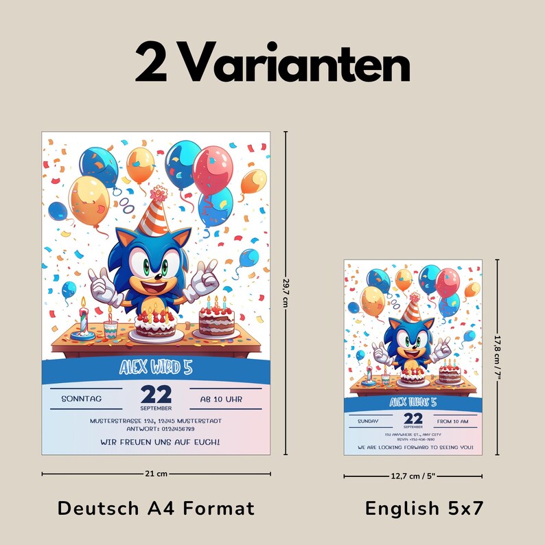 May include: Two birthday party invitations featuring Sonic the Hedgehog. The larger invitation is 8.3 x 11.7 inches, and the smaller is 5 x 7 inches. Both have a blue, white, and red color scheme with balloons and confetti.
