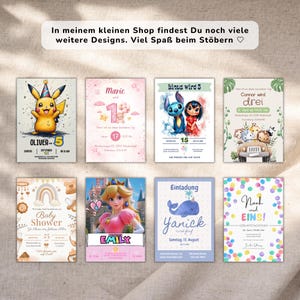 May include: A collection of colorful printable party invitations featuring various cartoon characters, including Pikachu, Stitch, and a whale. The invitations are designed for different occasions, such as birthdays, baby showers, and other celebrations. The text on the invitations includes names, ages, and dates.