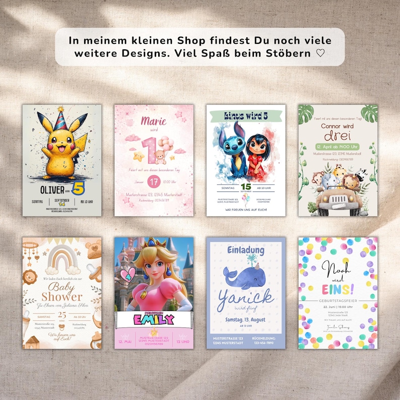 May include: A collection of colorful printable party invitations featuring various cartoon characters, including Pikachu, Stitch, and a whale. The invitations are designed for different occasions, such as birthdays, baby showers, and other celebrations. The text on the invitations includes names, ages, and dates.