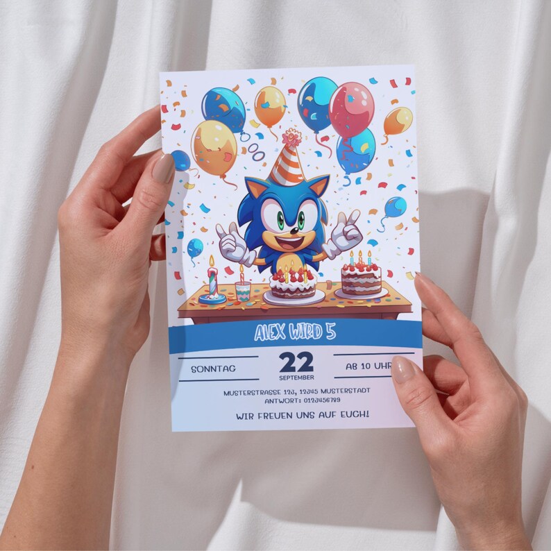 May include: Birthday invitation featuring a cartoon hedgehog character with a party hat, cake, and balloons. The invitation includes the text "Alex Wird 5" and event details for September 22nd.