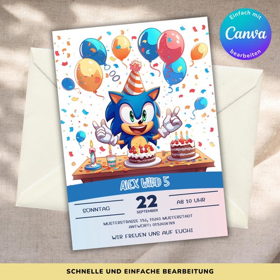 Sonic Geburtstagseinladung, Kindergeburtstag Einladung bearbeitbar in Canva, Einladungskarten zum Ausdrucken, digitale Einladung