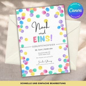 May include: A colorful confetti-themed birthday invitation for a child turning one year old. The invitation features the name "Noah" and the text "wird EINS!" which translates to "turns one!" in German. The invitation also includes the date and time of the party, the address, and a request for RSVP.