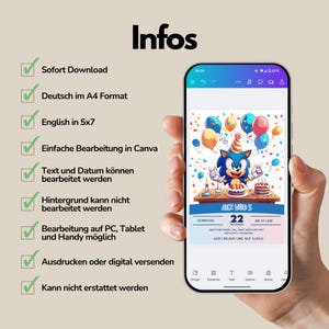 May include: A smartphone displays a birthday invitation featuring Sonic the Hedgehog, balloons, and cake. The phone is held in a hand, with text in German and English indicating digital download, A4 format, and editing options. The word "Infos" is at the top.