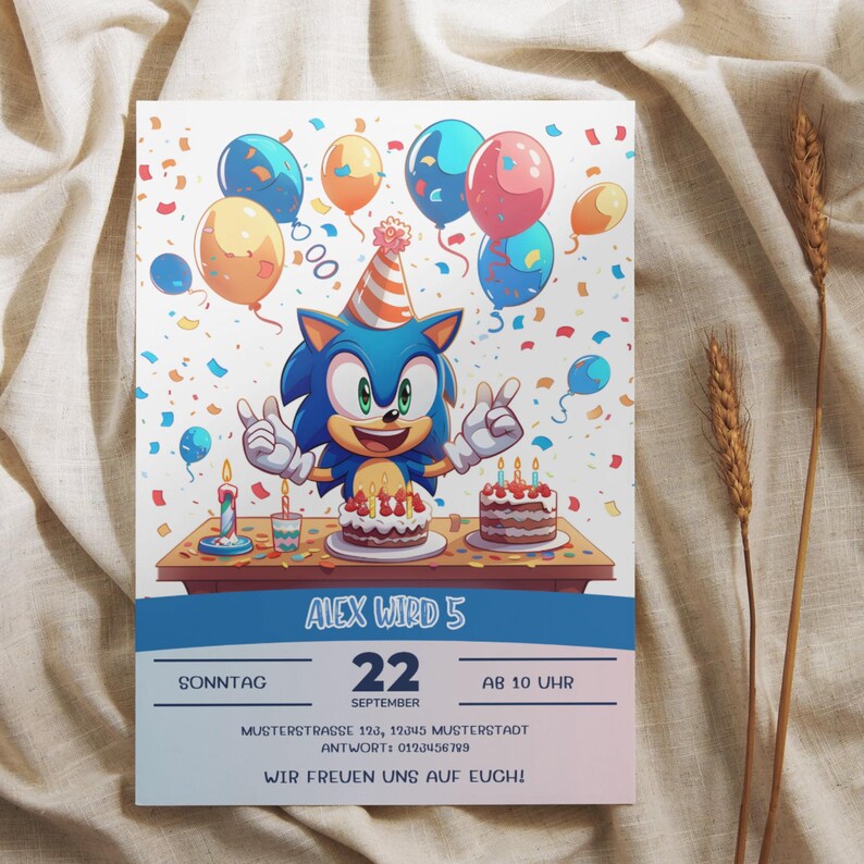 May include: A birthday invitation featuring a cartoon hedgehog character with blue fur, wearing a party hat, and surrounded by balloons and confetti. The invitation includes the text "ALEX WIRD 5" and event details.