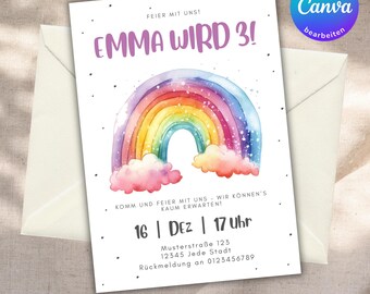 Invitación cumpleaños infantil arcoiris, invitación de cumpleaños, cumpleaños infantil editable en Canva, tarjetas de invitación para imprimir
