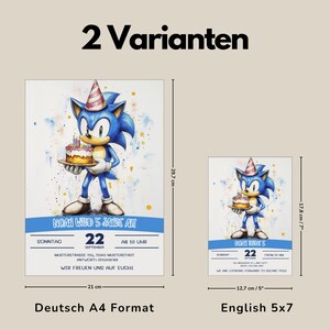May include: A birthday invitation featuring a cartoon character holding a cake. The character is blue with red shoes and a red and white hat. The invitation is for a 5 year old's birthday party. The text on the invitation says "Noah wird 5 Jahre alt" and "22 September, AB 10 Uhr".