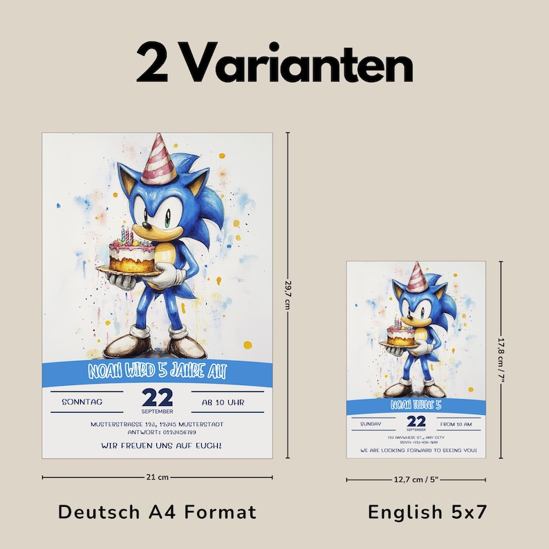May include: A birthday invitation featuring a cartoon character holding a cake. The character is blue with red shoes and a red and white hat. The invitation is for a 5 year old's birthday party. The text on the invitation says "Noah wird 5 Jahre alt" and "22 September, AB 10 Uhr".