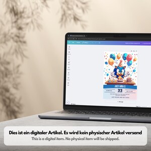 May include: A laptop displays a digital birthday invitation featuring a cartoon character, balloons, and a cake. The invitation includes the text "ANCX WIBD S 22" and "This is a digital item. No physical item will be shipped."