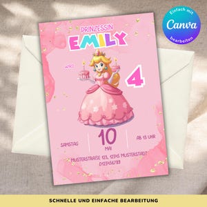 Peach Super Mario Geburtstagseinladung, Kindergeburtstag Einladung bearbeitbar in Canva, Einladungskarten zum Ausdrucken, digitale Einladung