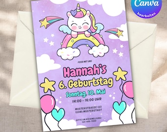 Unicorn birthday invitation, children's birthday invitation editable in Canva, invitation cards to print, digital invitation