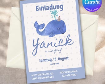 Whale birthday invitation, children's birthday invitation editable in Canva, invitation cards to print, digital invitation