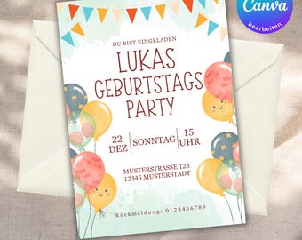 Balloon birthday invitation, children's birthday invitation editable in Canva, invitation cards to print, digital invitation