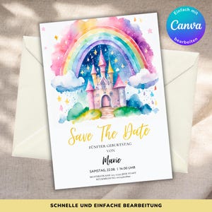 Einladung Kinder Geburtstag Schloss Prinzessin, Geburtstagseinladung, Kindergeburtstag bearbeitbar in Canva, Einladungskarten zum Ausdrucken