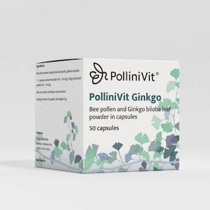 Könnte beinhalten: Eine weiße Schachtel mit PolliniVit Ginkgo Kapseln. Die Schachtel zeigt den Markennamen und Produktdetails, einschließlich "Bienengift und Ginkgo biloba Blattpulver in Kapseln". Die Schachtel enthält 50 Kapseln und wiegt 40g.