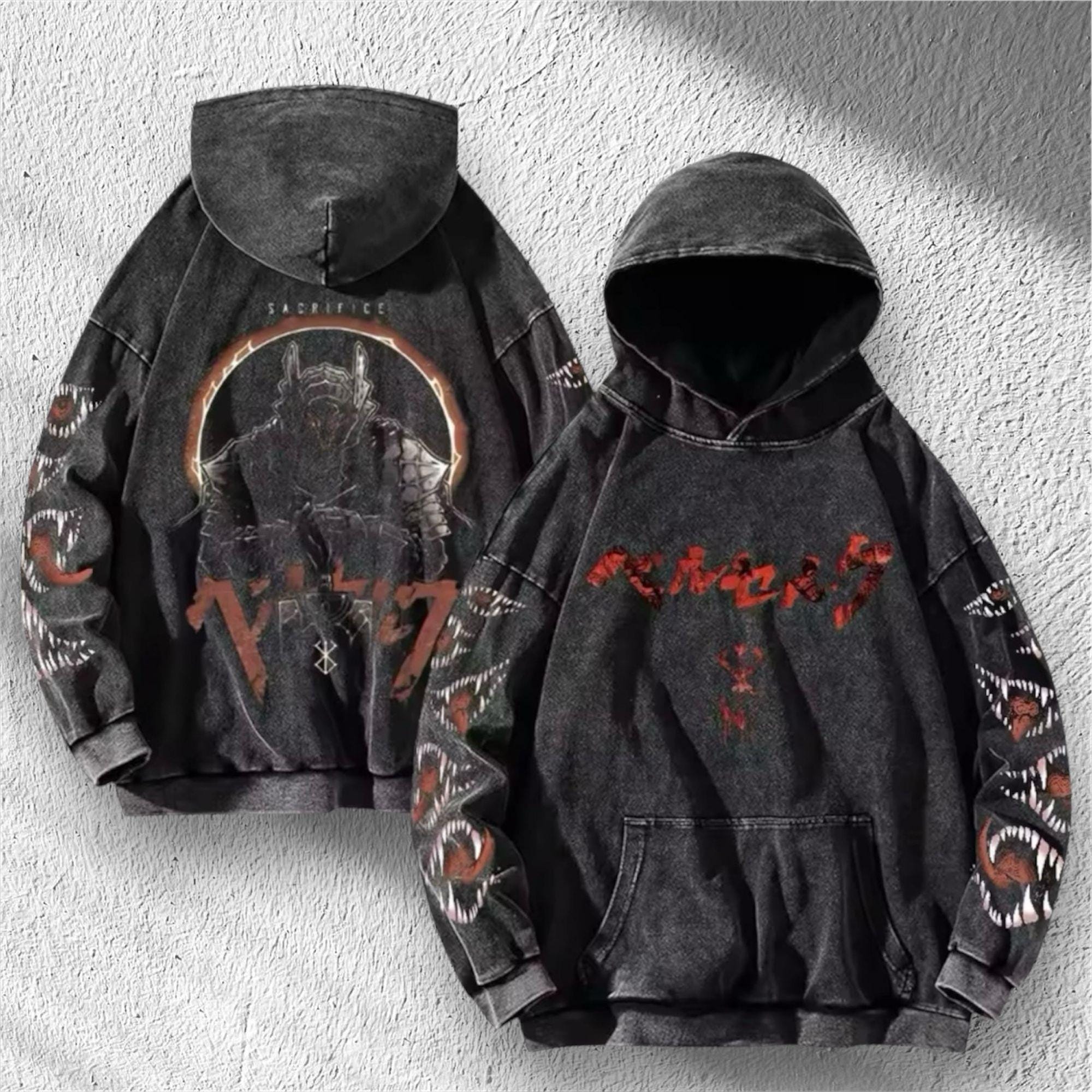 Washed Gothic Teeth Vintage Hoodie Sweatshirt Harajuku