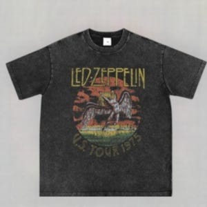 Camiseta vintage lavada de Led Zeppelin, gira por EE. UU. de 1975, camiseta de manga corta de la banda de rock Queen, camiseta de música retro, camiseta unisex de banda de concierto LED ZEPPELIN
