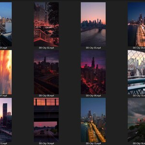 Puede incluir: Una colecci&oacute;n de 16 videoclips que muestran paisajes urbanos de noche. Los clips presentan varios paisajes urbanos con diferentes iluminaciones y perspectivas, incluyendo una vista desde un puente, una calle con coches pasando y un paisaje urbano con una puesta de sol de fondo.