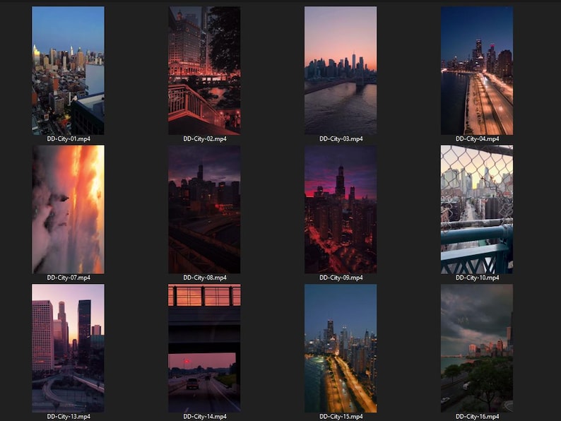 Puede incluir: Una colecci&oacute;n de 16 videoclips que muestran paisajes urbanos de noche. Los clips presentan varios paisajes urbanos con diferentes iluminaciones y perspectivas, incluyendo una vista desde un puente, una calle con coches pasando y un paisaje urbano con una puesta de sol de fondo.