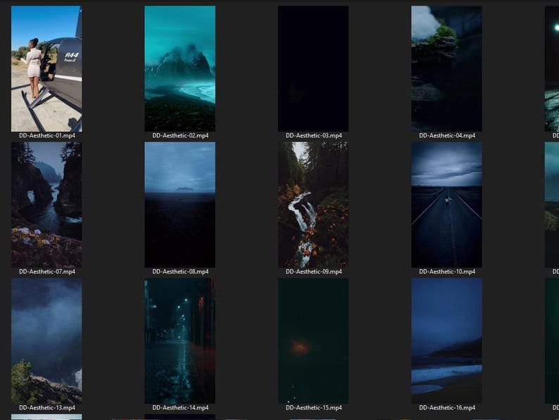 Puede incluir: Una colecci&oacute;n de 16 videos cortos que muestran diferentes escenas est&eacute;ticas. Los videos presentan una variedad de paisajes, incluyendo bosques, monta&ntilde;as y agua. Los videos est&aacute;n todos en un estilo oscuro y melanc&oacute;lico, con un enfoque en la belleza natural.